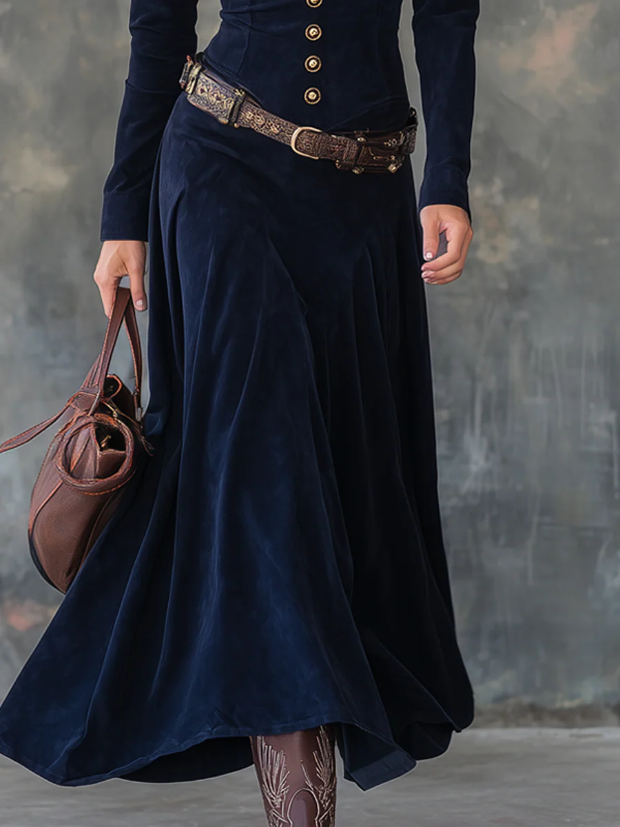 Vintage Suede Polyester Maxi Dress with Flap Pockets and Belt
