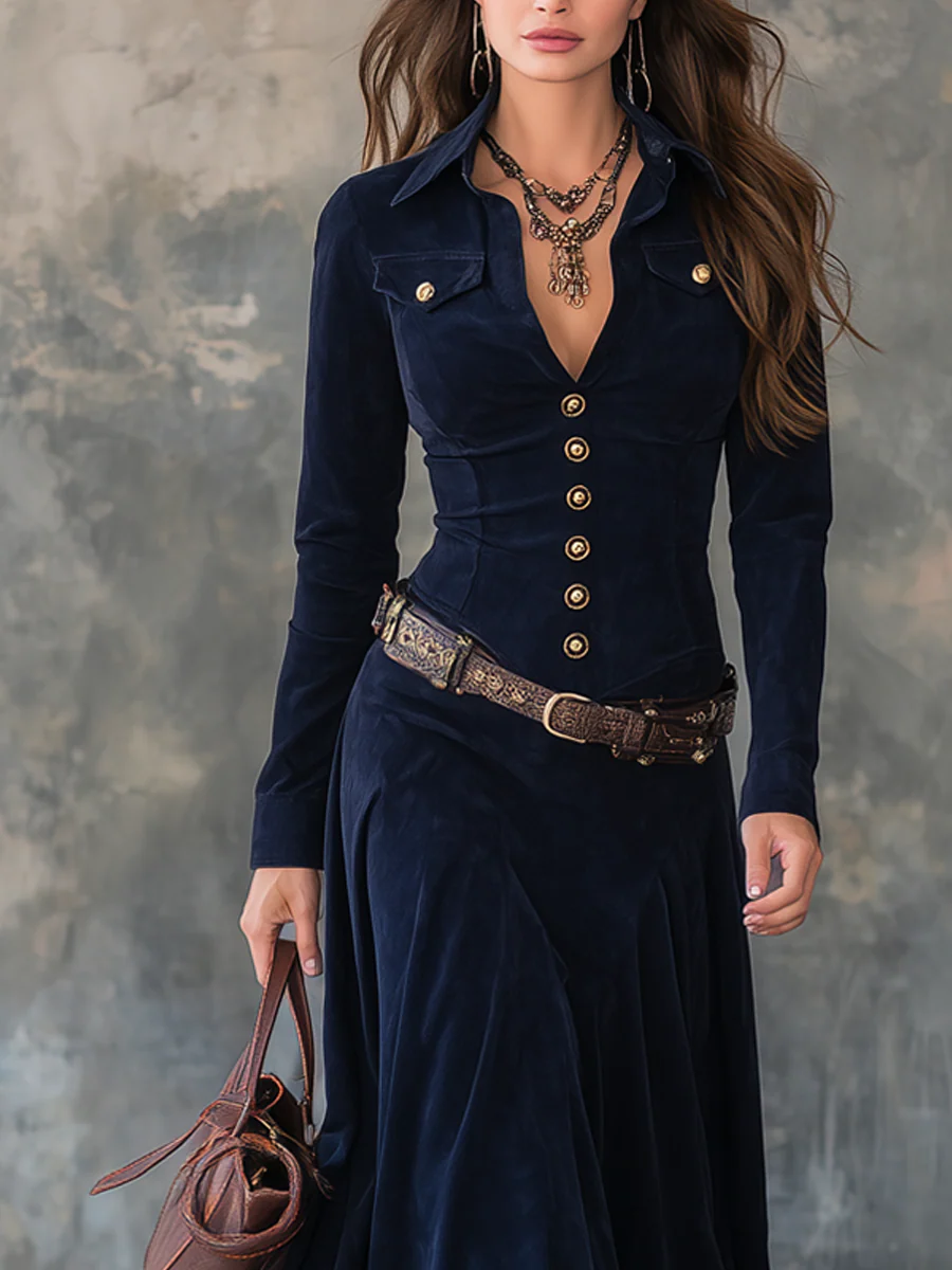 Vintage Suede Polyester Maxi Dress with Flap Pockets and Belt