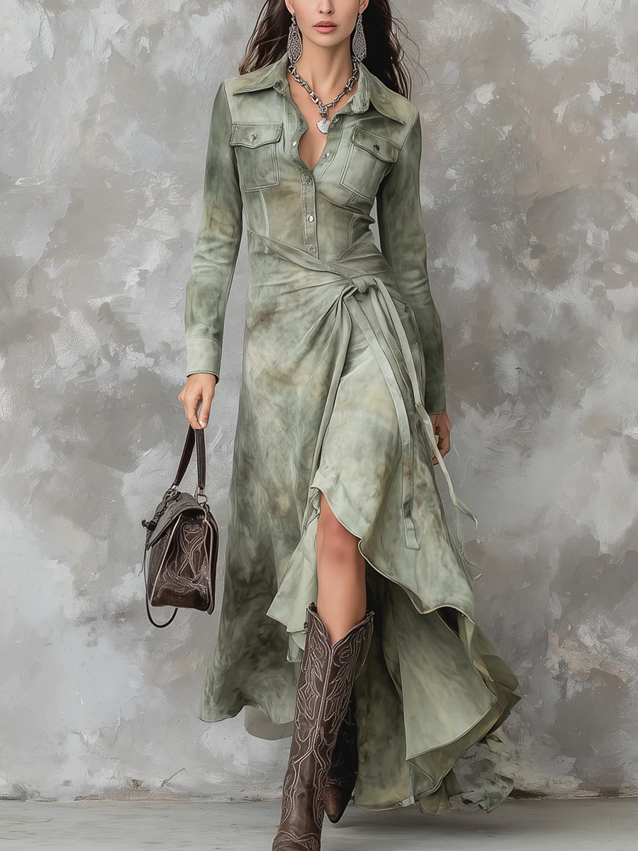 Chic Vintage Sage Green Tie-Dye Pocket Slim Suede Maxi Dress for a Trendy Look