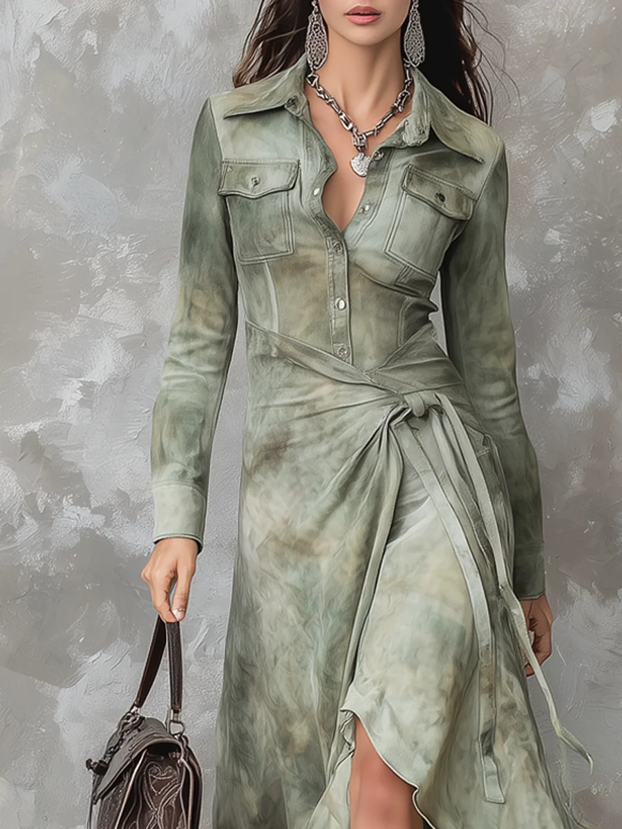 Chic Vintage Sage Green Tie-Dye Pocket Slim Suede Maxi Dress for a Trendy Look