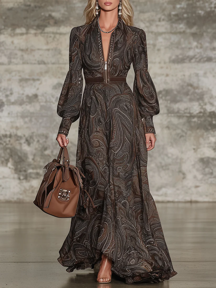 Elegant Vintage Maxi Dress with Paisley Pattern and Zipper
