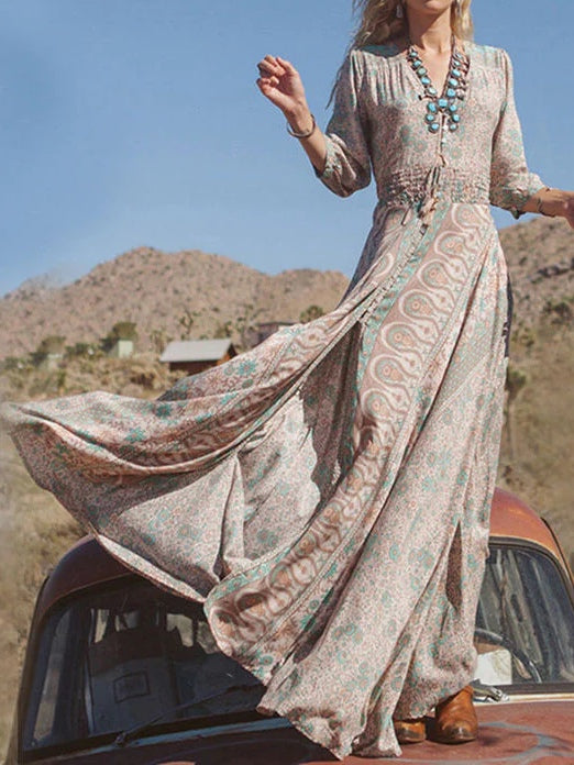 Bohemian Long Maxi Dress with Western Style Print and Slit