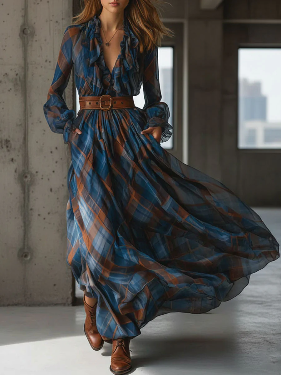 Maxi chiffon plaid dress with a V-neckline in blue and brown, adorned with elegant ruffles