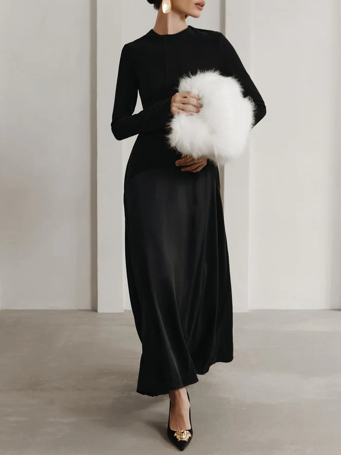 Elegant Long Satin Dress in Dark Brown with Stylish Patch Design