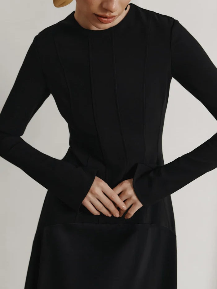 Elegant Long Satin Dress in Dark Brown with Stylish Patch Design