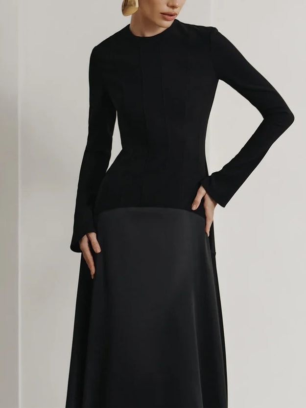 Elegant Long Satin Dress in Dark Brown with Stylish Patch Design