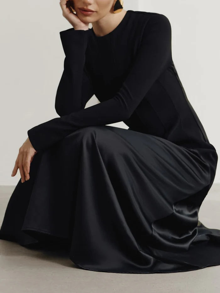 Elegant Long Satin Dress in Dark Brown with Stylish Patch Design