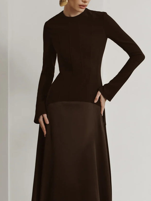 Elegant Long Satin Dress in Dark Brown with Stylish Patch Design