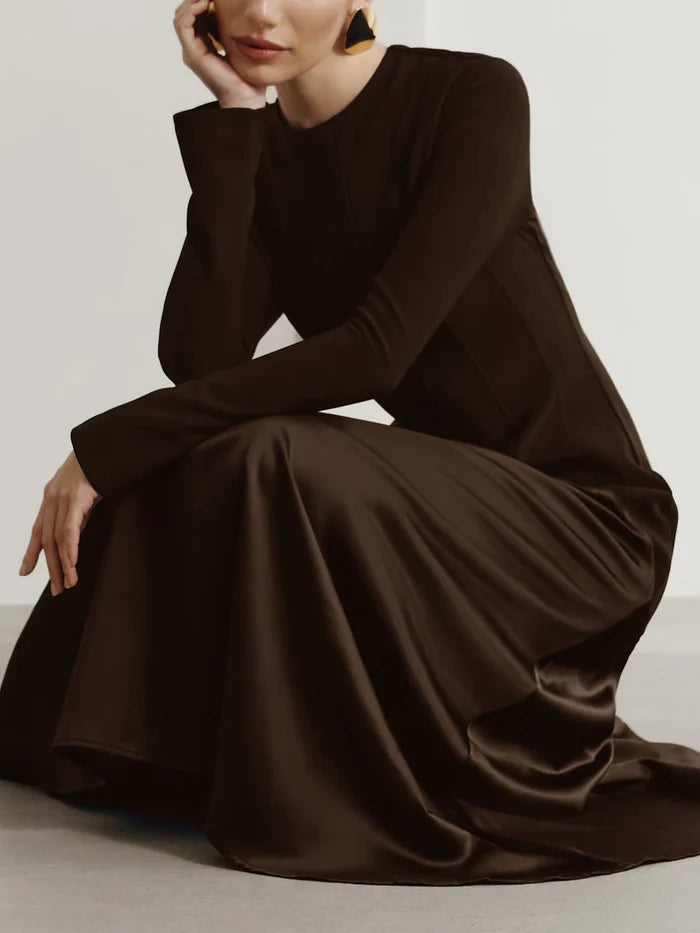 Elegant Long Satin Dress in Dark Brown with Stylish Patch Design