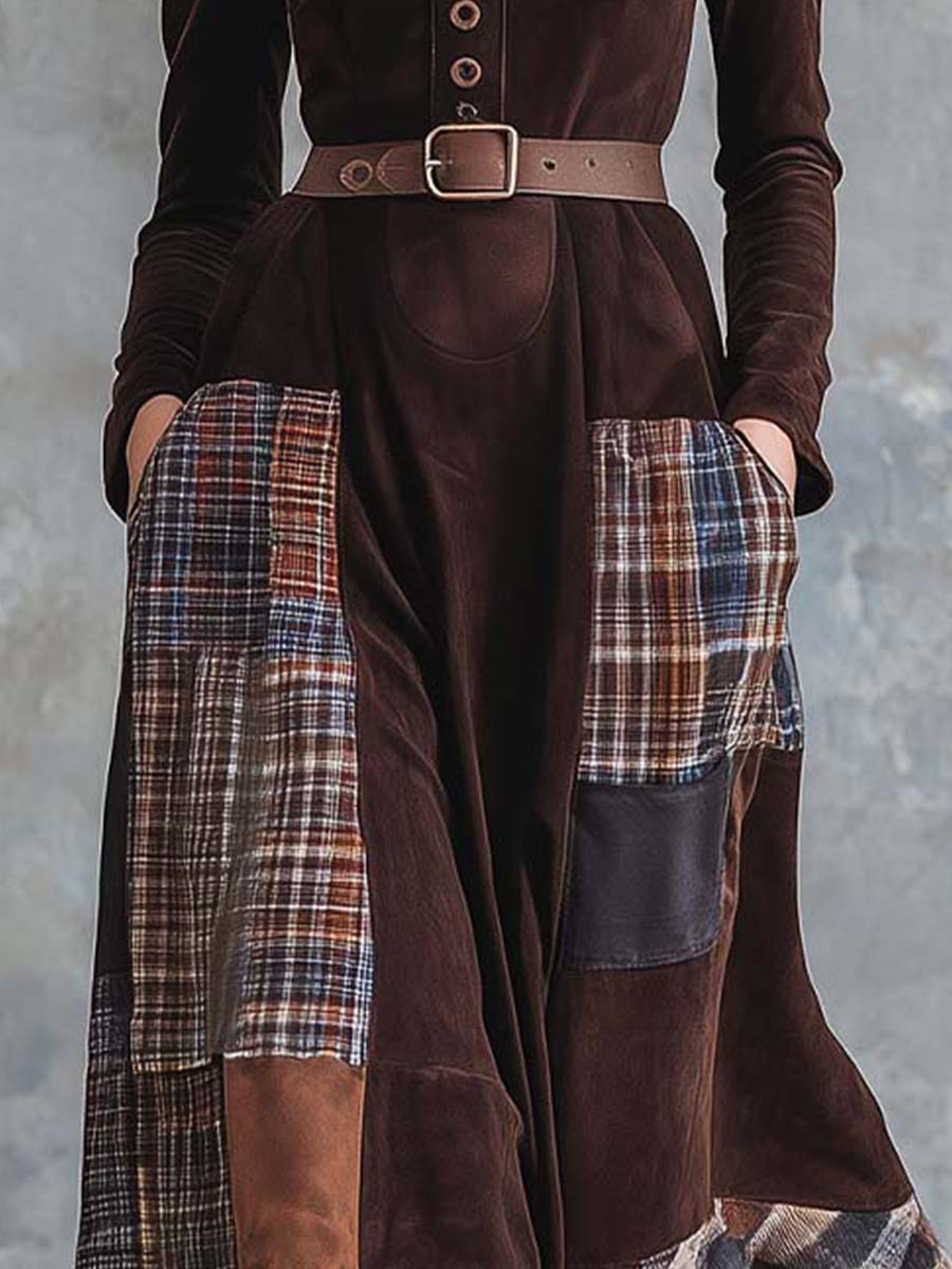 Vintage Maxi Suede Dress with Brown Plaid Faux and Patchwork Belt