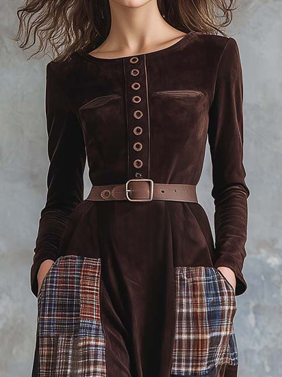 Vintage Maxi Suede Dress with Brown Plaid Faux and Patchwork Belt