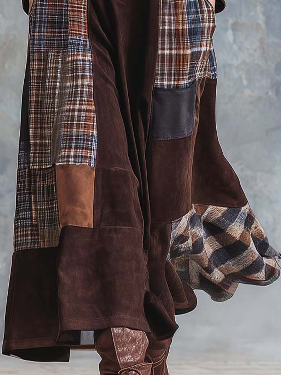 Vintage Maxi Suede Dress with Brown Plaid Faux and Patchwork Belt