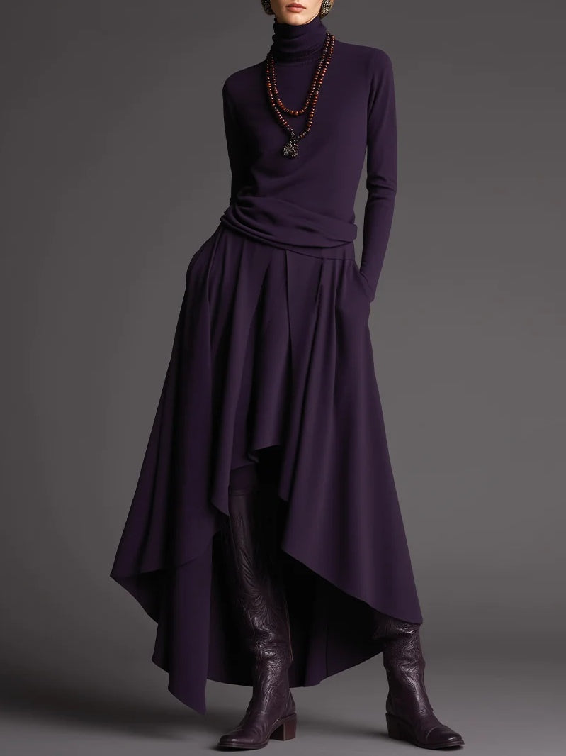 Elegant Purple Turtleneck Top with Asymmetrical Skirt — Chic 2-Piece Set