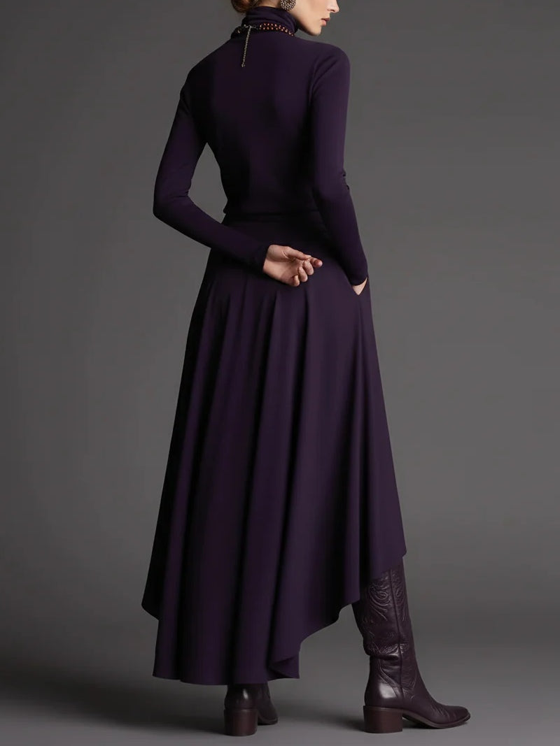 Elegant Purple Turtleneck Top with Asymmetrical Skirt — Chic 2-Piece Set