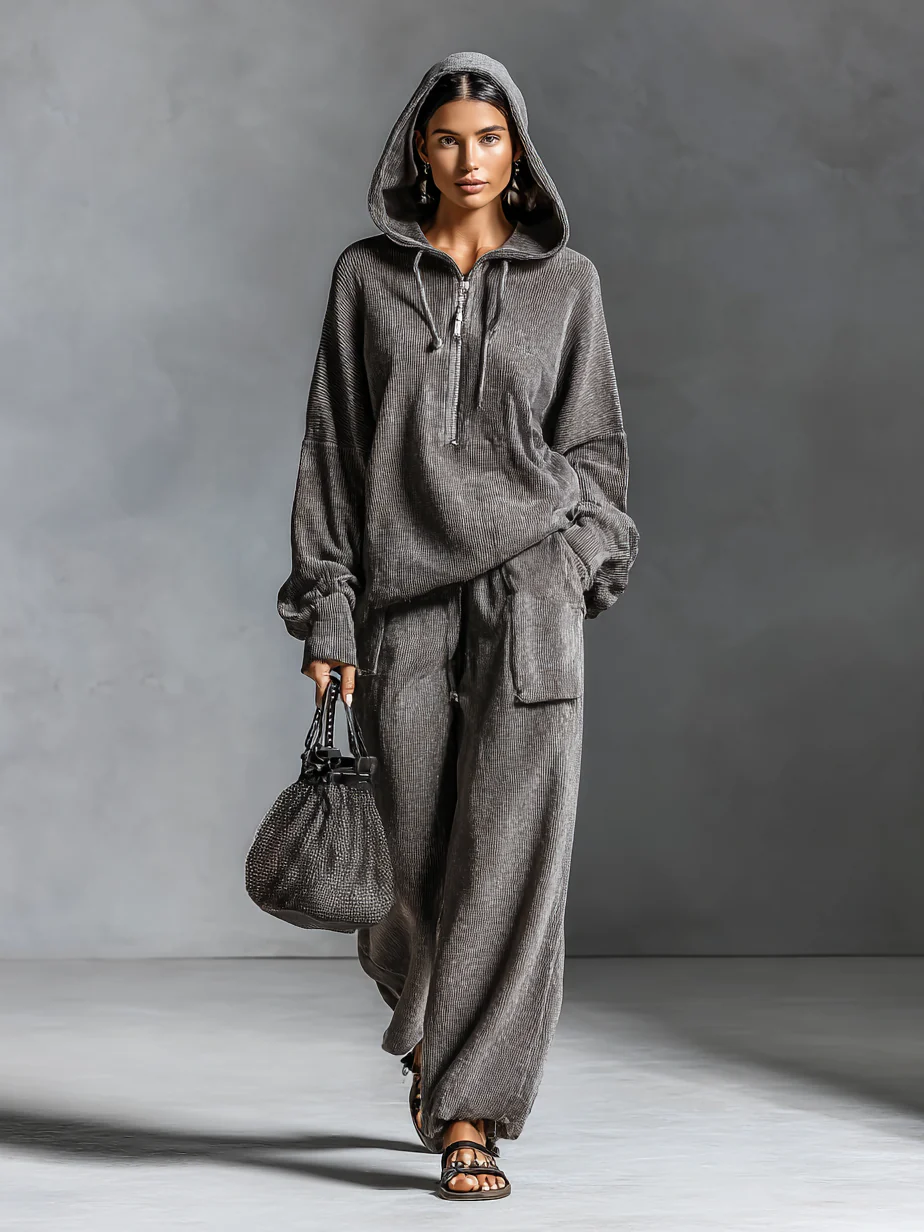 Dark Gray Corduroy Hooded Sweatshirt & Straight-Leg Pants – Casual Two-Piece Set