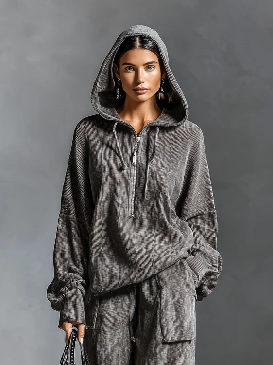 Dark Gray Corduroy Hooded Sweatshirt & Straight-Leg Pants – Casual Two-Piece Set