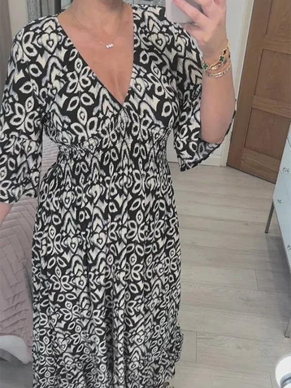 Casual Bohemian Long Dress with Print, V-Neckline, and Waist Belt