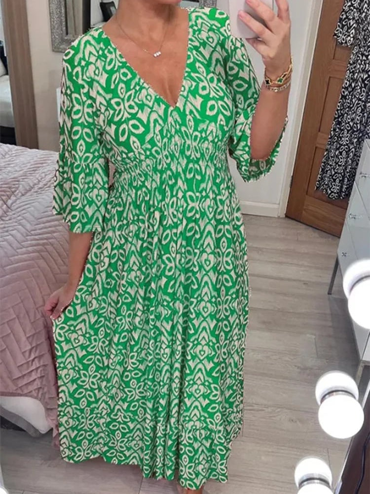 Casual Bohemian Long Dress with Print, V-Neckline, and Waist Belt