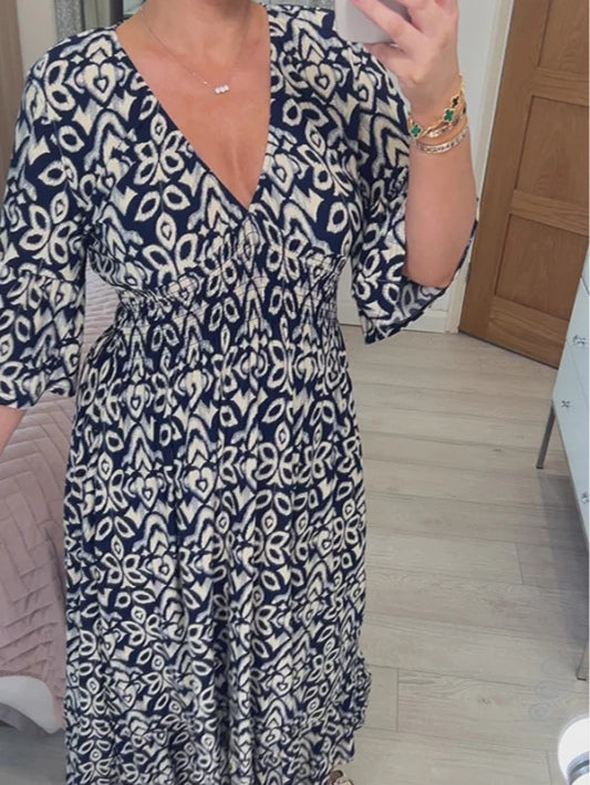 Casual Bohemian Long Dress with Print, V-Neckline, and Waist Belt