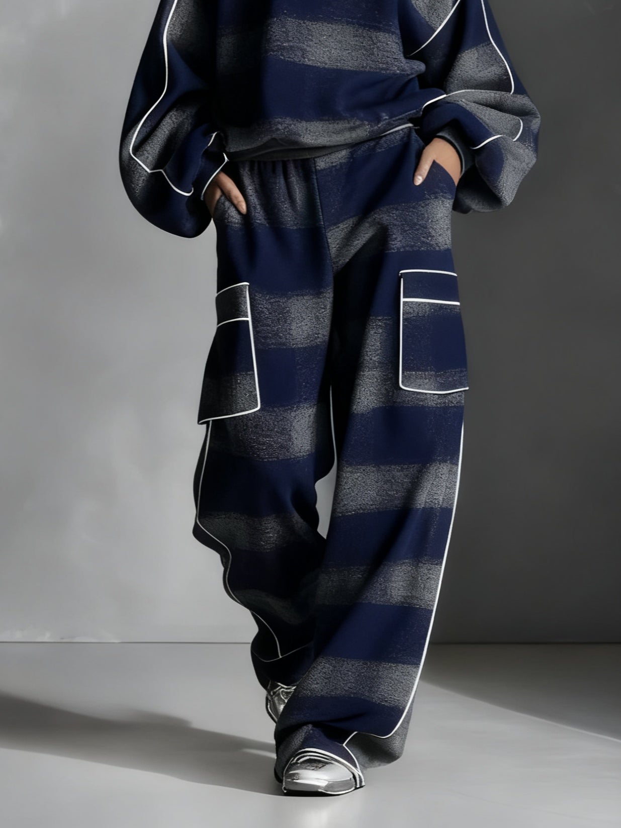 Blue-Gray Plaid Color-Block Sweatshirt with Coordinating Casual Pants - 2-Piece Set