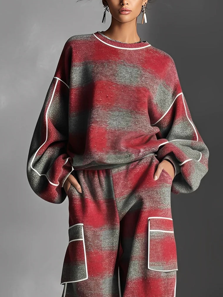 Red and Gray Plaid Color-Block Sweatshirt and Casual Pants Set – Two-Piece Comfort Ensemble