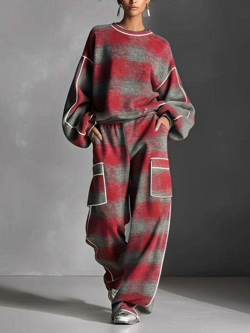 Red and Gray Plaid Color-Block Sweatshirt and Casual Pants Set – Two-Piece Comfort Ensemble