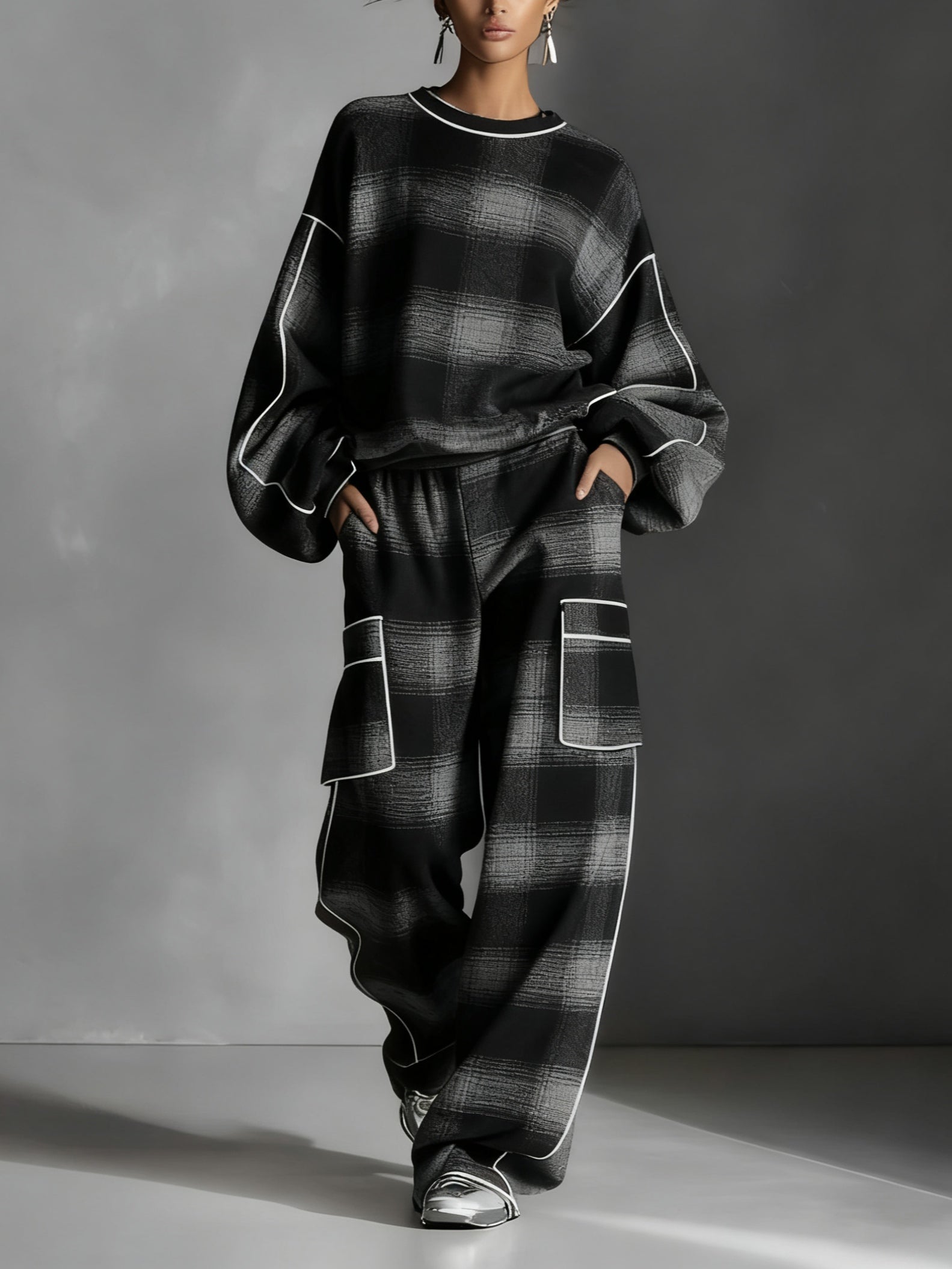 Black and Gray Plaid Color-Block Sweatshirt and Casual Pants Two-Piece Set – Sleek Everyday Comfort