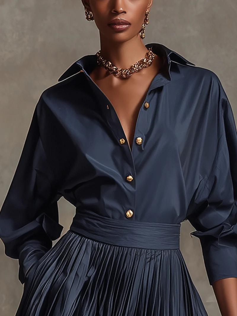 Navy Blue Shirt and Pleated Skirt Two-Piece Set - Elegant Everyday Ensemble