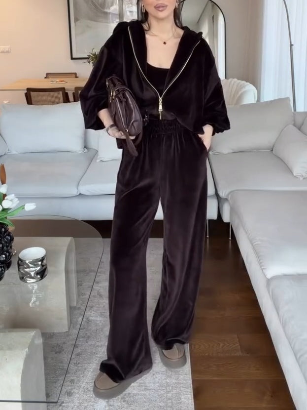 Dark Brown Velvet Hooded Cardigan & Wide-Leg Trousers Set – Casual Chic