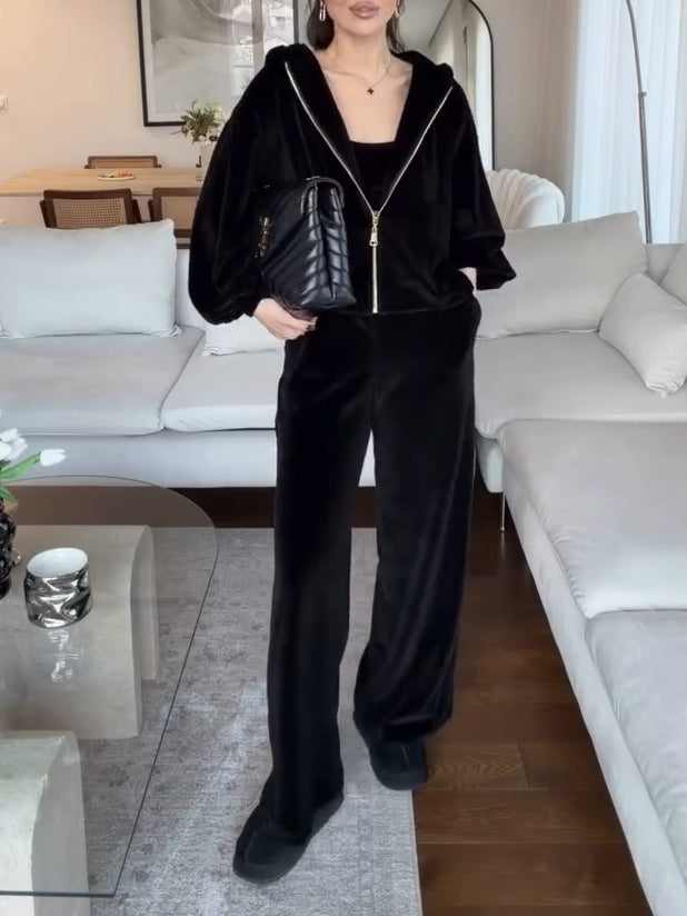 Dark Brown Velvet Hooded Cardigan & Wide-Leg Trousers Set – Casual Chic