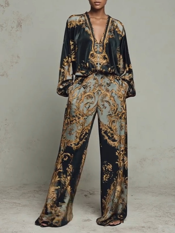 Baroque-Style Ornate Floral Print Top with Wide-Leg Trousers – Casual Suit Set