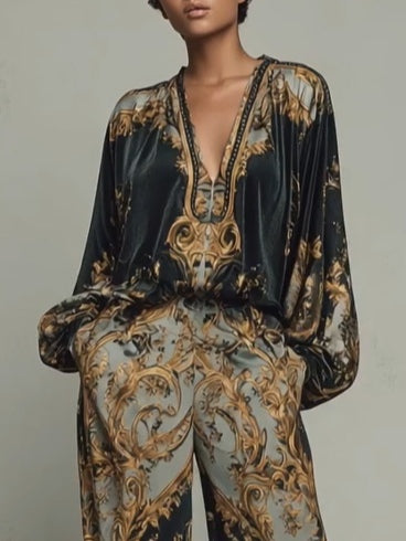 Baroque-Style Ornate Floral Print Top with Wide-Leg Trousers – Casual Suit Set