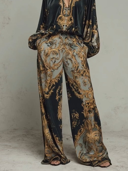 Baroque-Style Ornate Floral Print Top with Wide-Leg Trousers – Casual Suit Set