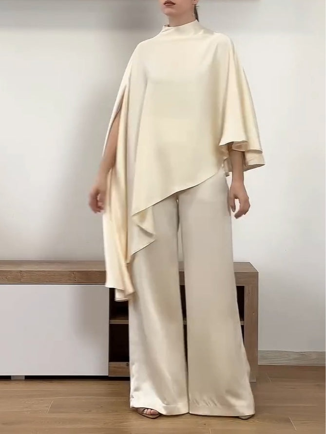 Milk Apricot Satin: Asymmetrical Cape Top & Wide-Leg Pants Set