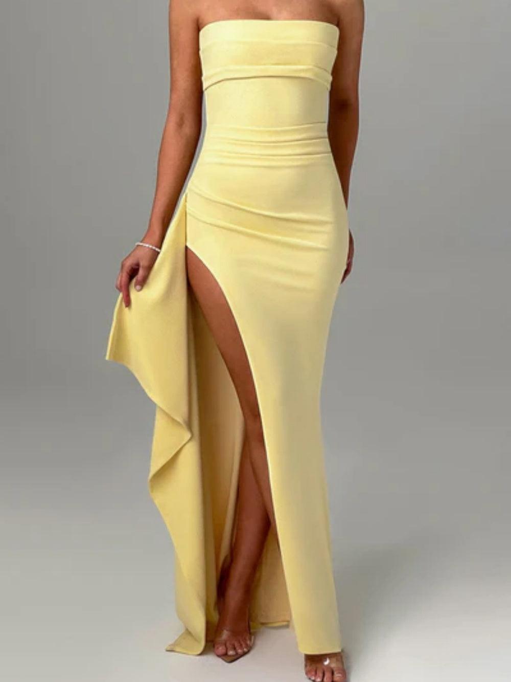 Long strapless gown with a dramatic slit