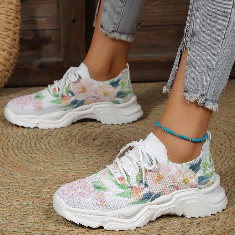 Comfortable and Breathable Floral Pattern Lace-Up Sneakers for Women