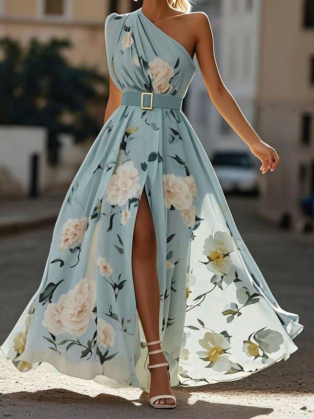 Elegant Light Green Floral One-Shoulder Ruched A-Line Maxi Dress in Chiffon