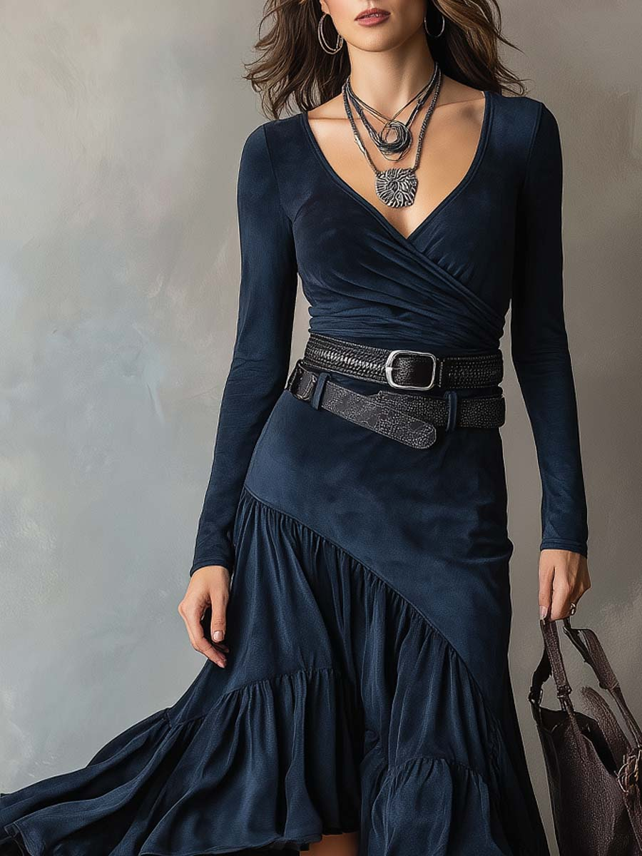 Navy Blue Asymmetric Maxi Dress in Faux Suede with Belt and V Neckline