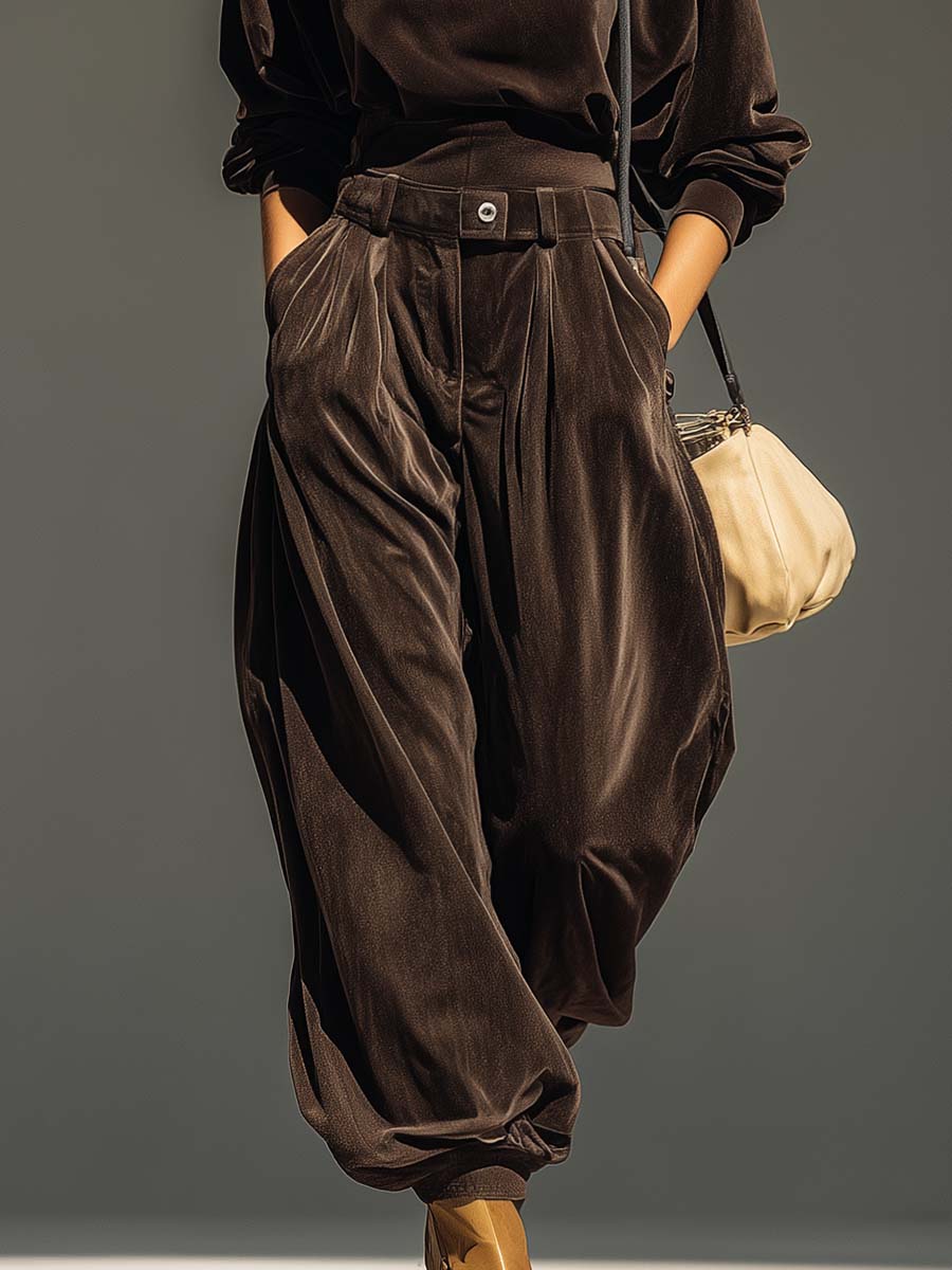 Vintage Brown Velvet Hoodie & Relaxed-Fit Trousers Set — Belt Included