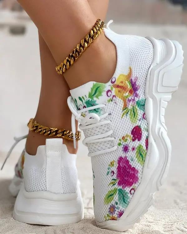 Comfortable and Breathable Floral Pattern Lace-Up Sneakers for Women