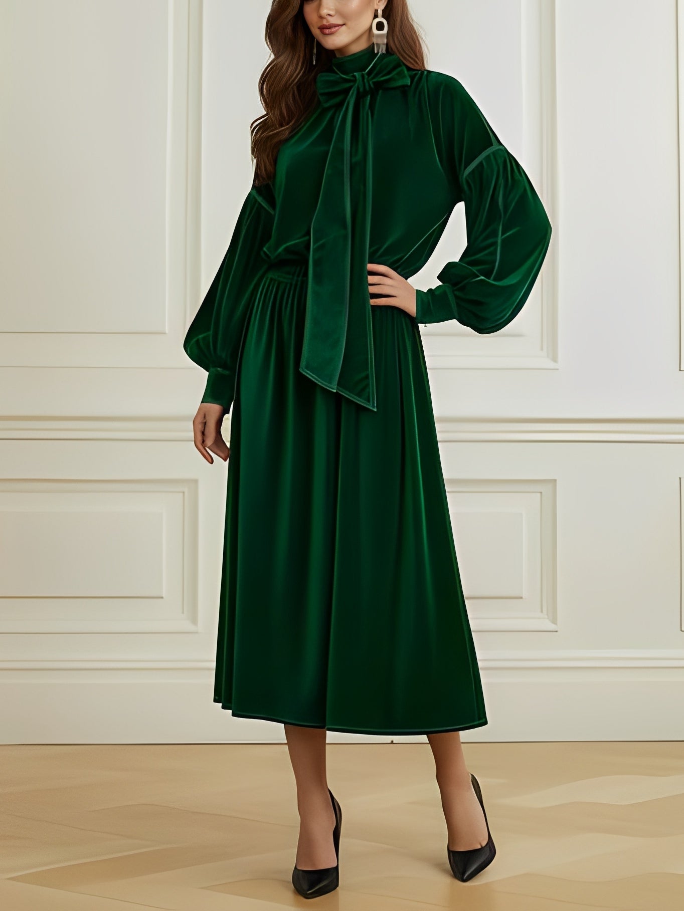Emerald Green Velvet Puff-Sleeve Bow Top & Skirt Set