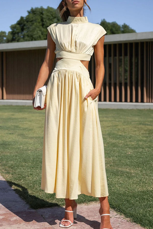 Chic Midi Dress with Cut-Out Details and Handy Pockets
