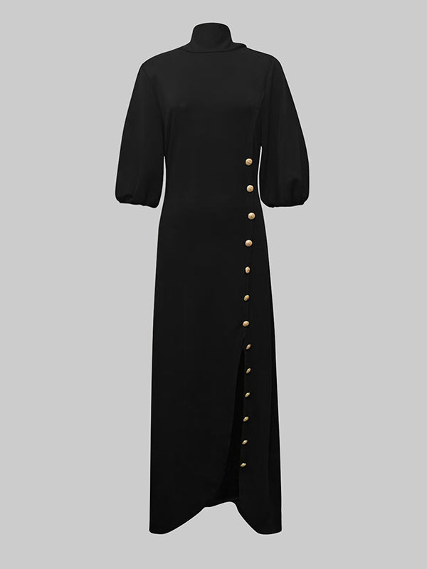 Puff Sleeve Mock-Neck Maxi Dress with Buttoned Split