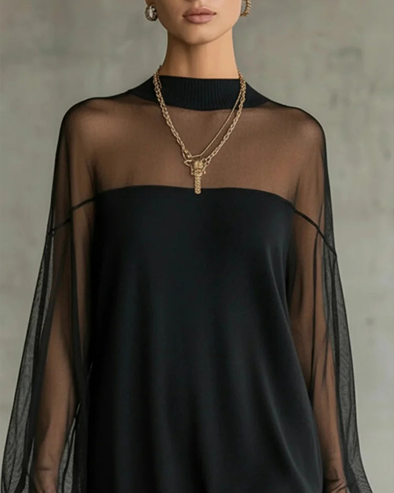 Chic Solid-Color Patchwork Dress with Lantern Sleeves