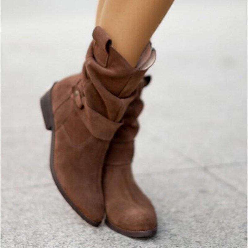 Chic Women's Suede Ankle Boots with Slouched Design, Low Heel, and Buckle Strap Detail