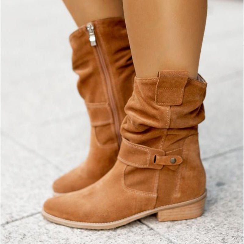 Chic Women's Suede Ankle Boots with Slouched Design, Low Heel, and Buckle Strap Detail