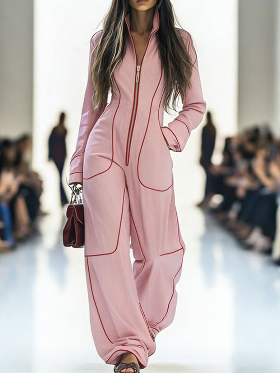 Structured Wide-Leg Jumpsuit with Stand Collar & Zip Detail