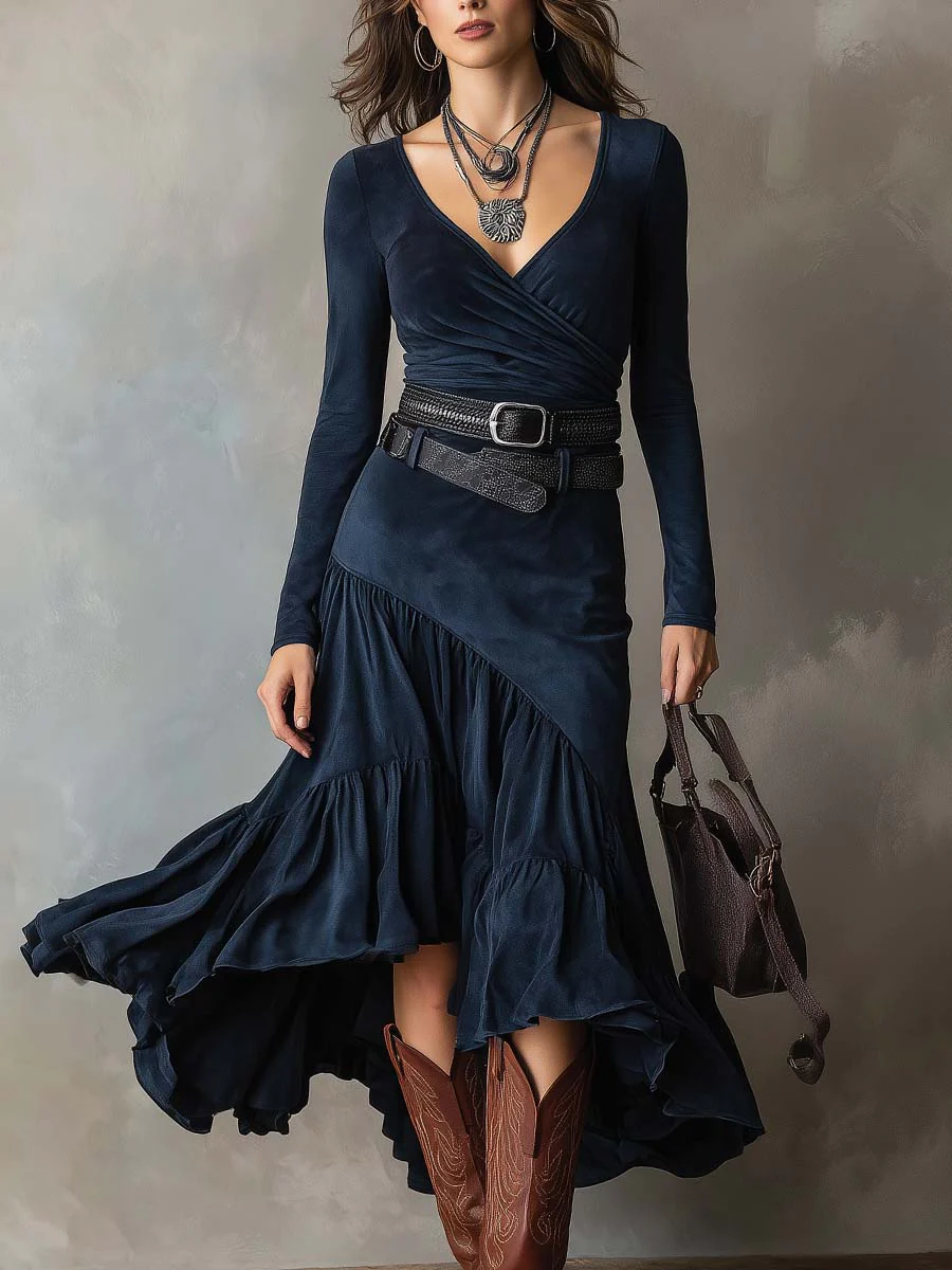 Navy Blue Asymmetric Maxi Dress in Faux Suede with Belt and V Neckline