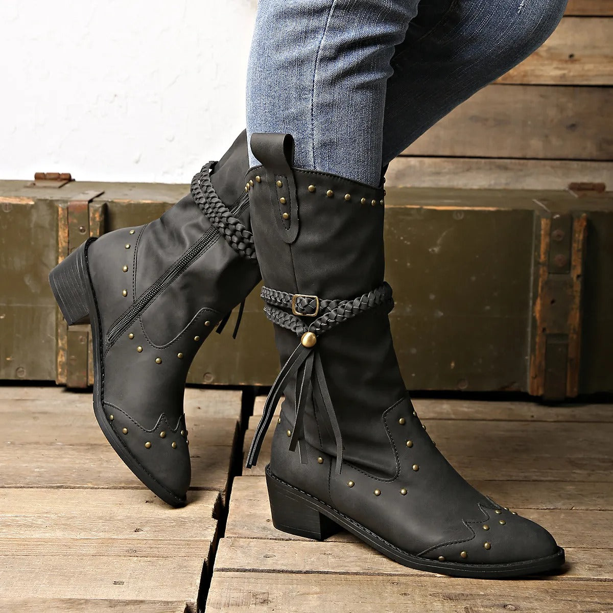 Women’s Western Boots - Faux Leather with Studded Details, Braided Strap, Pointed Toe