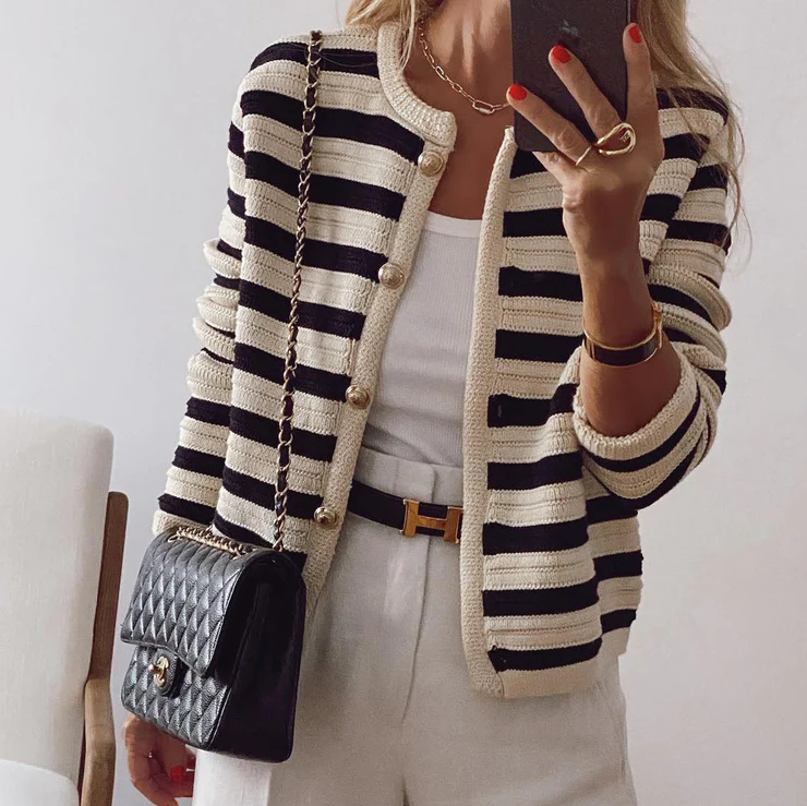 Natalie | Women's Elegant Striped Casual Button Cardigan with Front Closure